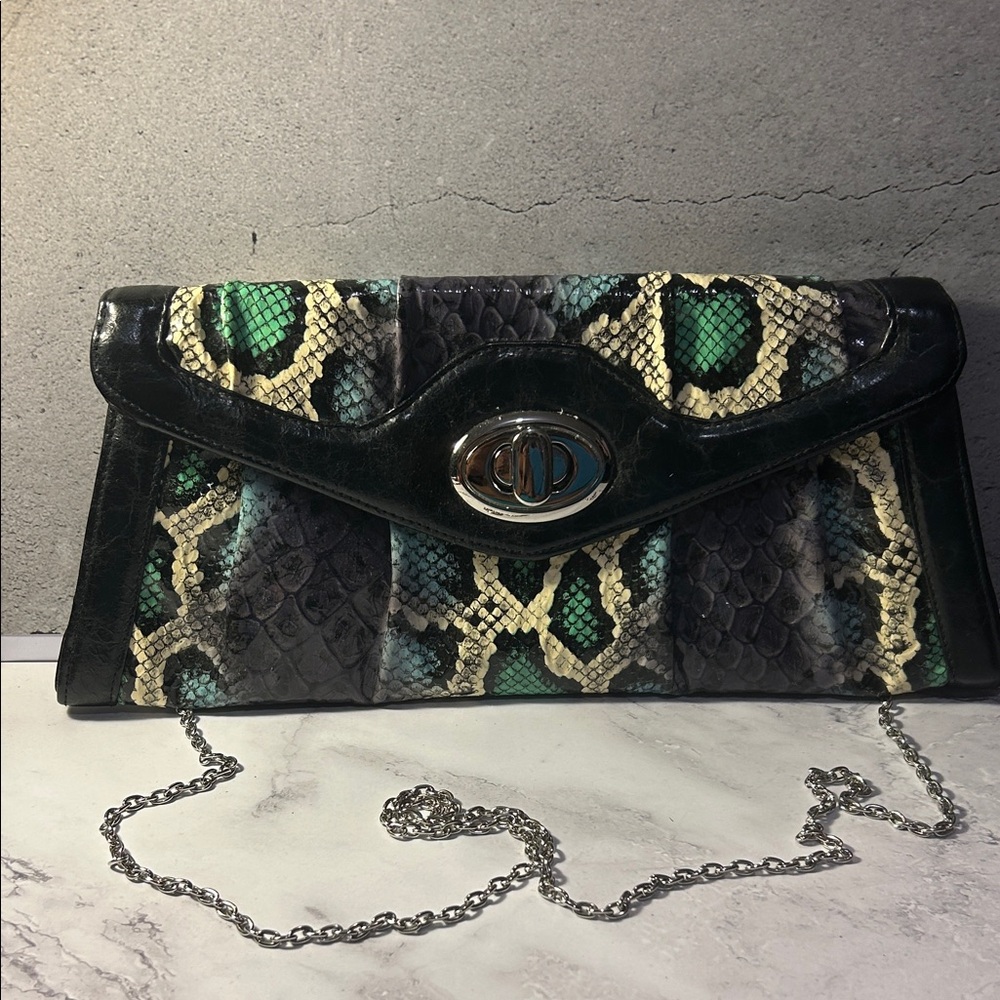 Patent Leather Black and Green Snake Print Clutch
